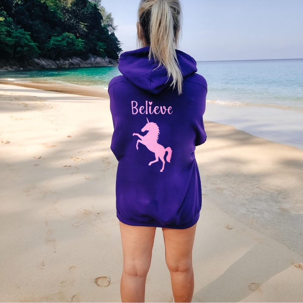 Believe Hoodie – Purple Pullover with Pink Glitter ‘Believe’ & Unicorn Graphic